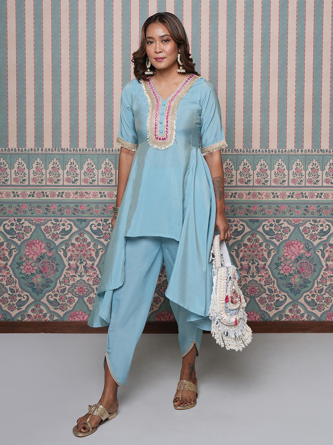 

Label Ishnya Women Ethnic Motifs Regular Kurti with Dhoti Pants, Blue