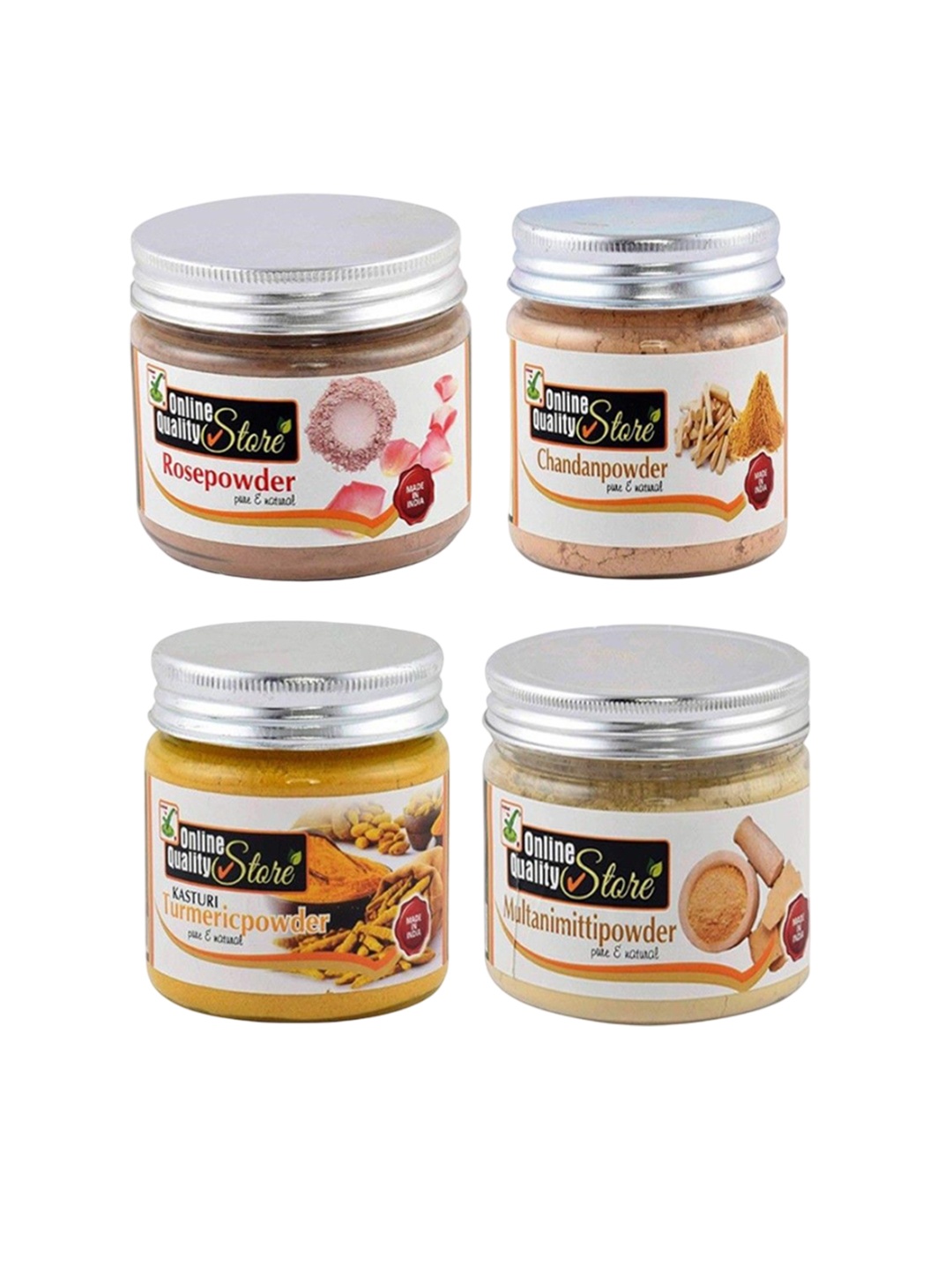 

Online Quality Store Set Of 4 Multani Mitti, Chandan, Turmeric & Rose Natural Powder, Beige