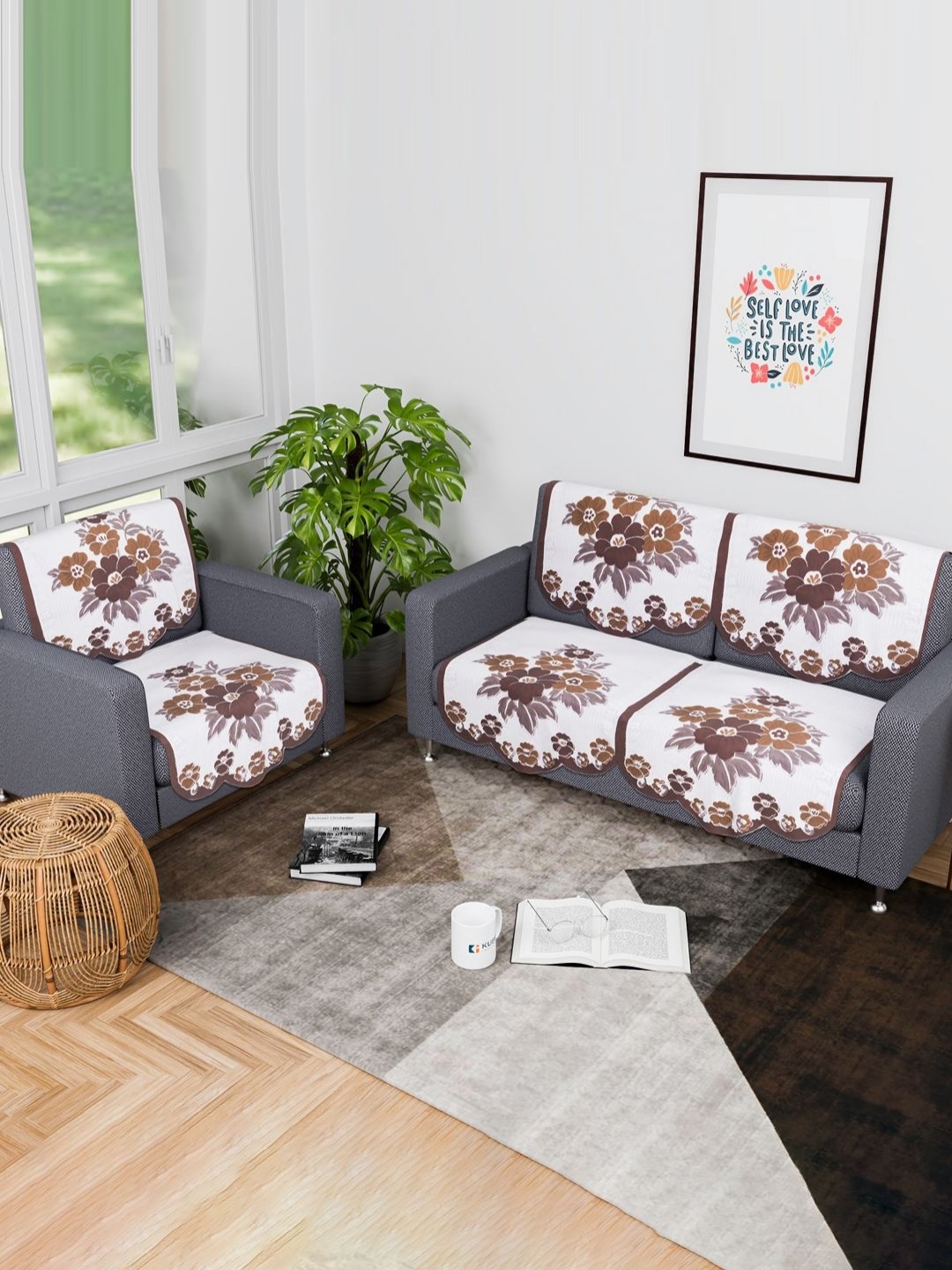 

Aura 6 Pieces White & Brown Floral Printed Cotton Sofa Covers