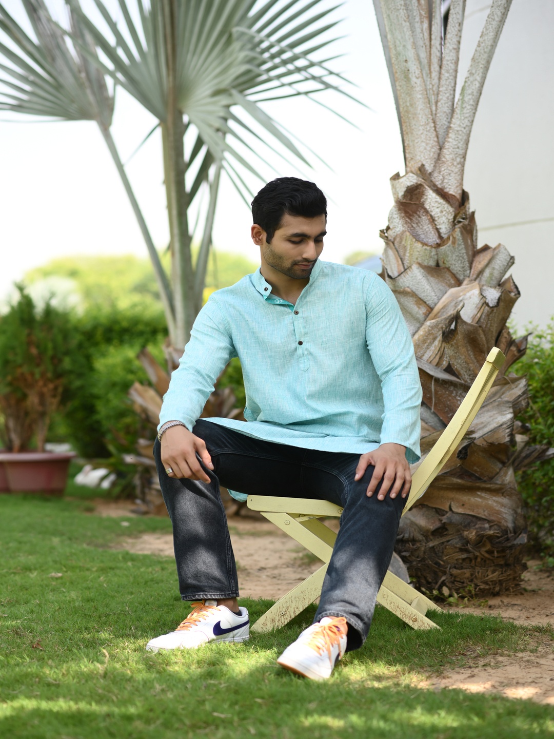 

Style Matters Band Collar Long Sleeves Pure Cotton Straight Kurta, Green