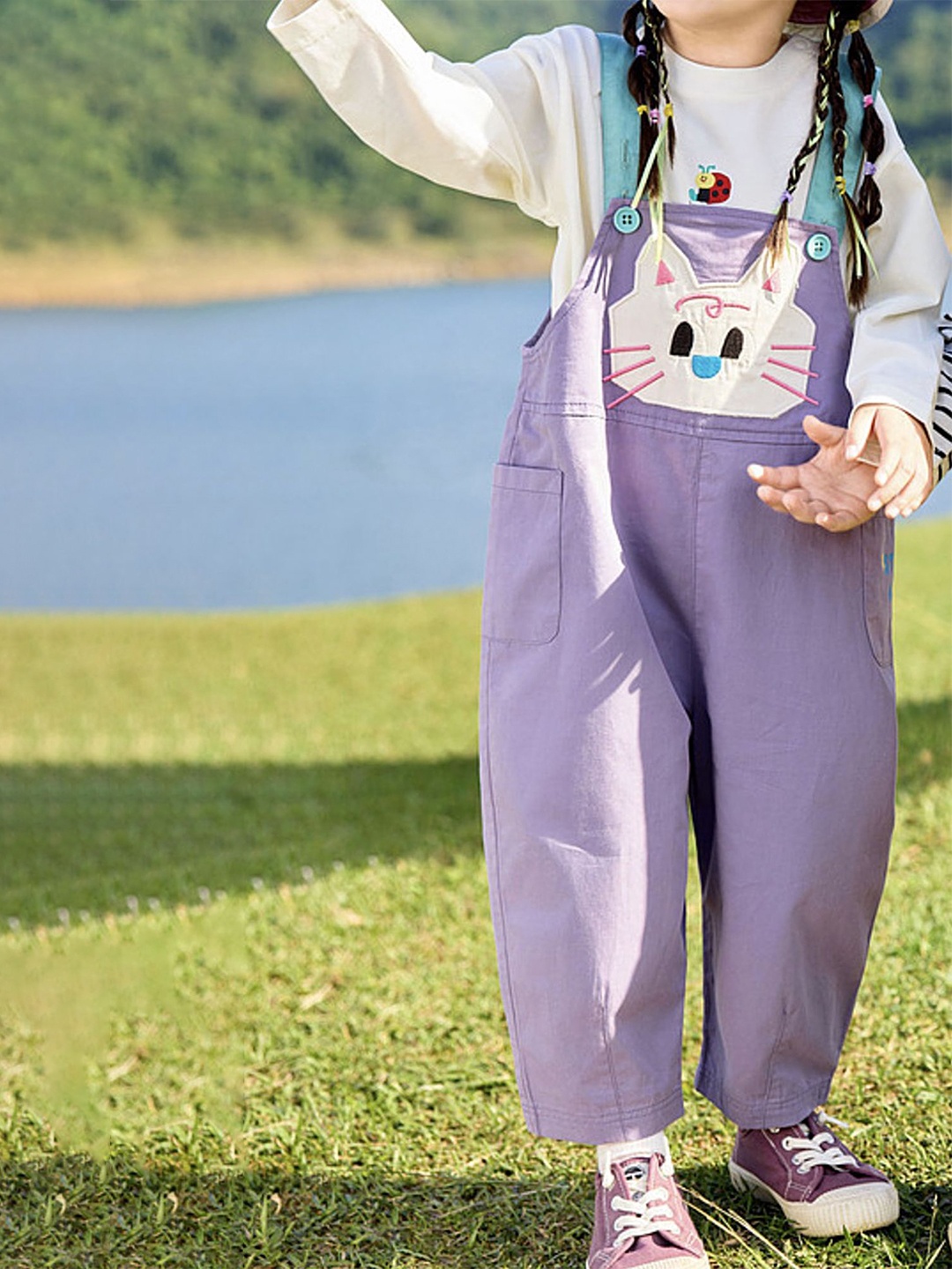 

LULU & SKY Girls Printed Pure Cotton Dungaree, Purple