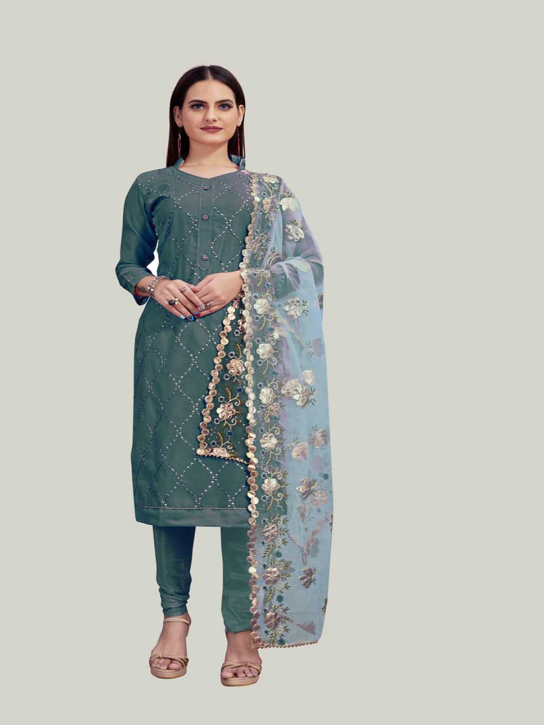 

HERE&NOW Geometric Embroidered Thread Work Unstitched Dress Material, Green