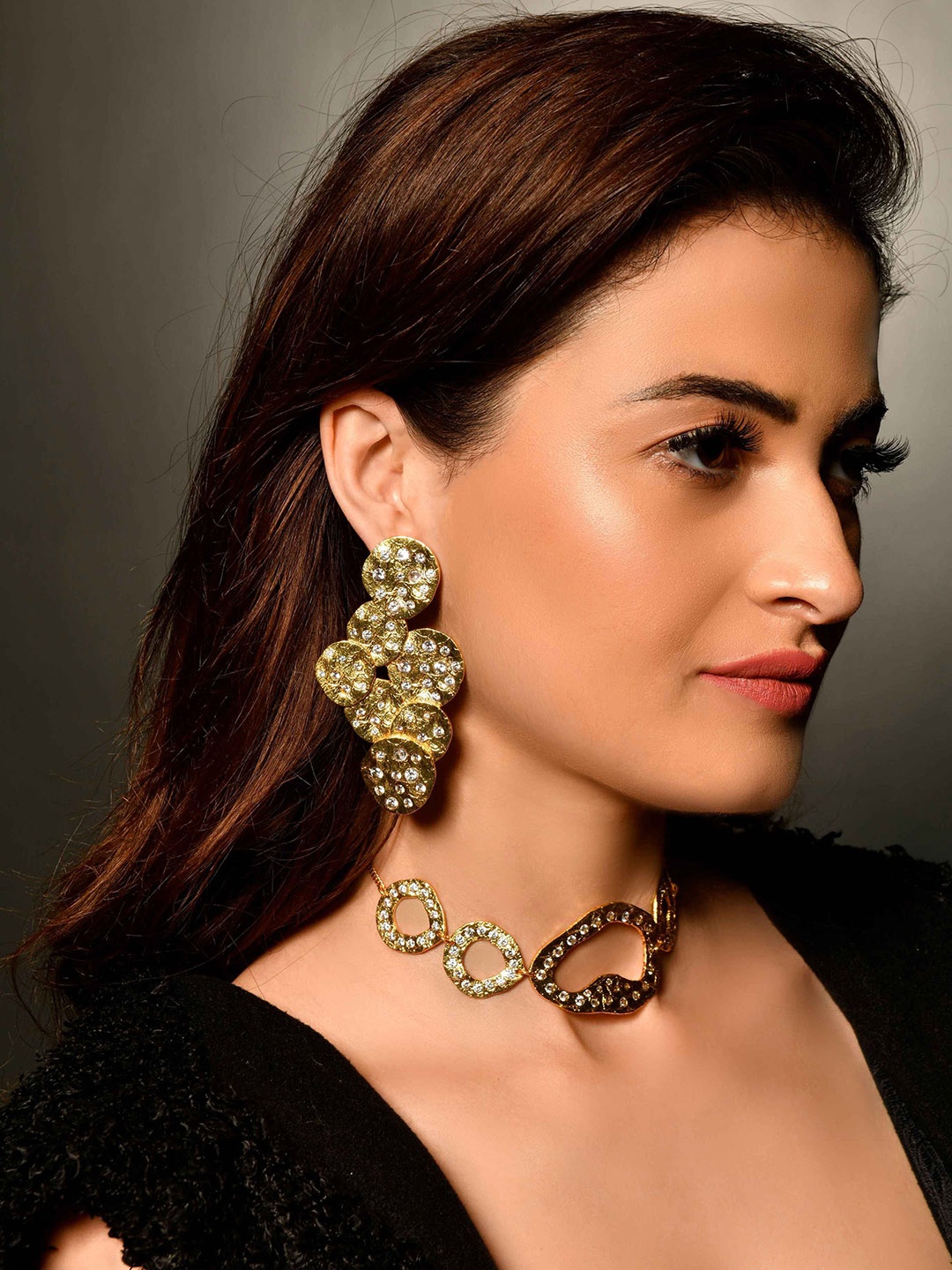 

MNSH Gold-Plated Artificial Stones Studded Contemporary Shaped Drop Earrings