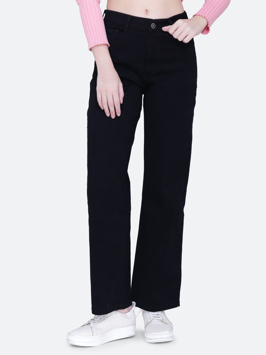 

FCK-3 Women Wide Leg High-Rise Light Fade Stretchable Jeans, Black