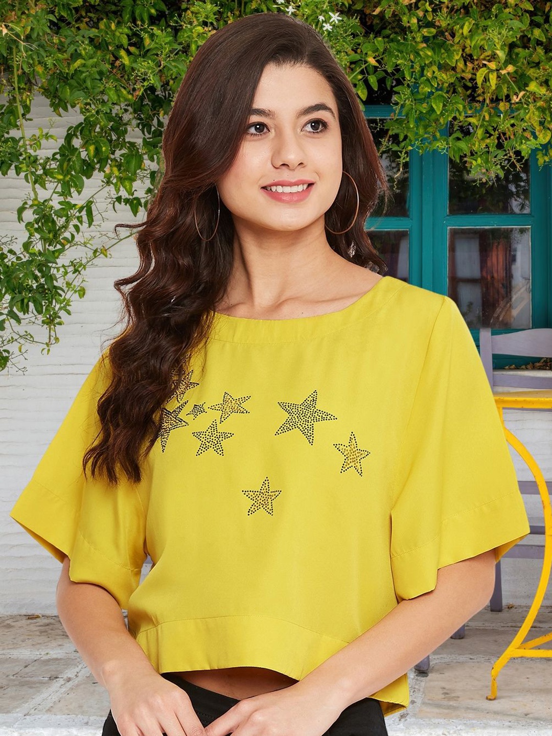 

DressBerry Embellished Flared Sleeve Studded Crepe Top, Mustard
