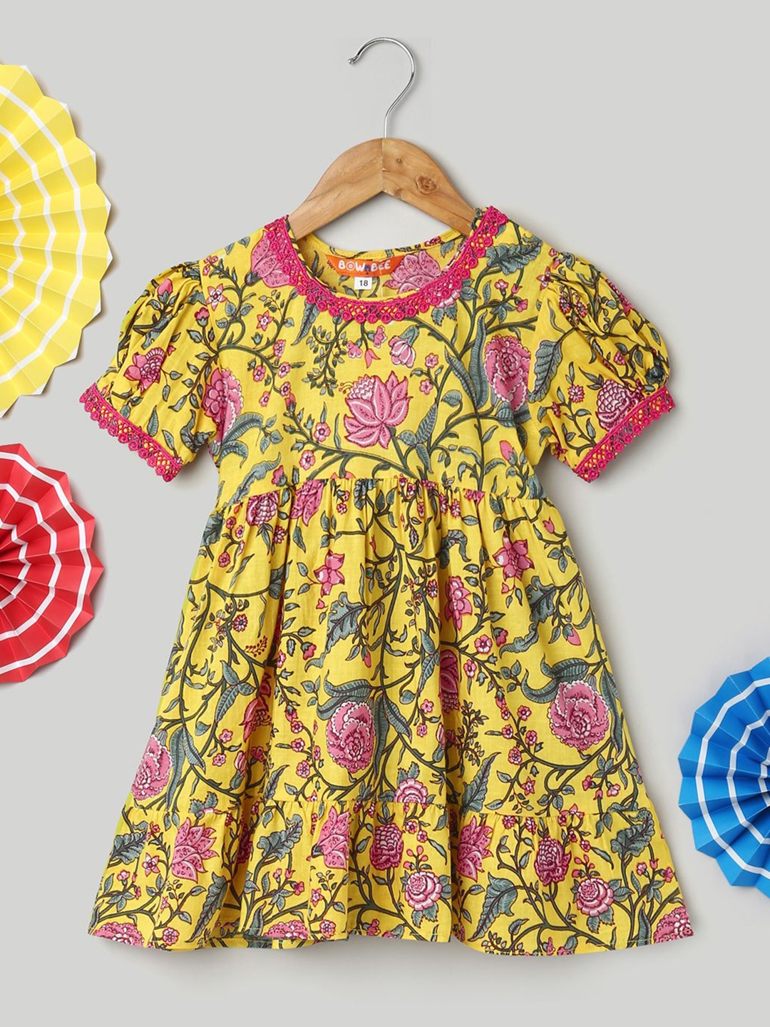 

BownBee Ethnic Motifs Puff Sleeve Empire Midi Dress, Yellow