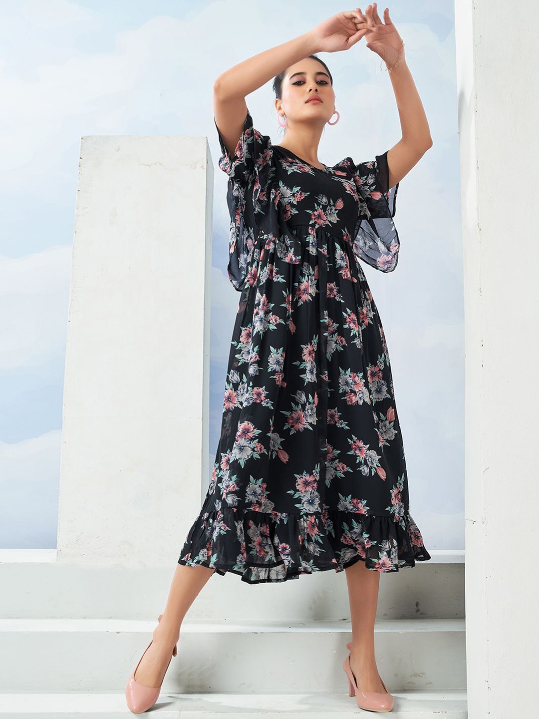 

Moda Rapido Floral Print Flared Sleeve Fit & Flare Midi Dress, Black