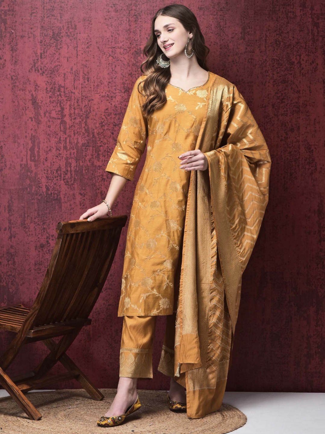 

Shree Women Regular Kurta with Trousers & With Dupatta, Mustard
