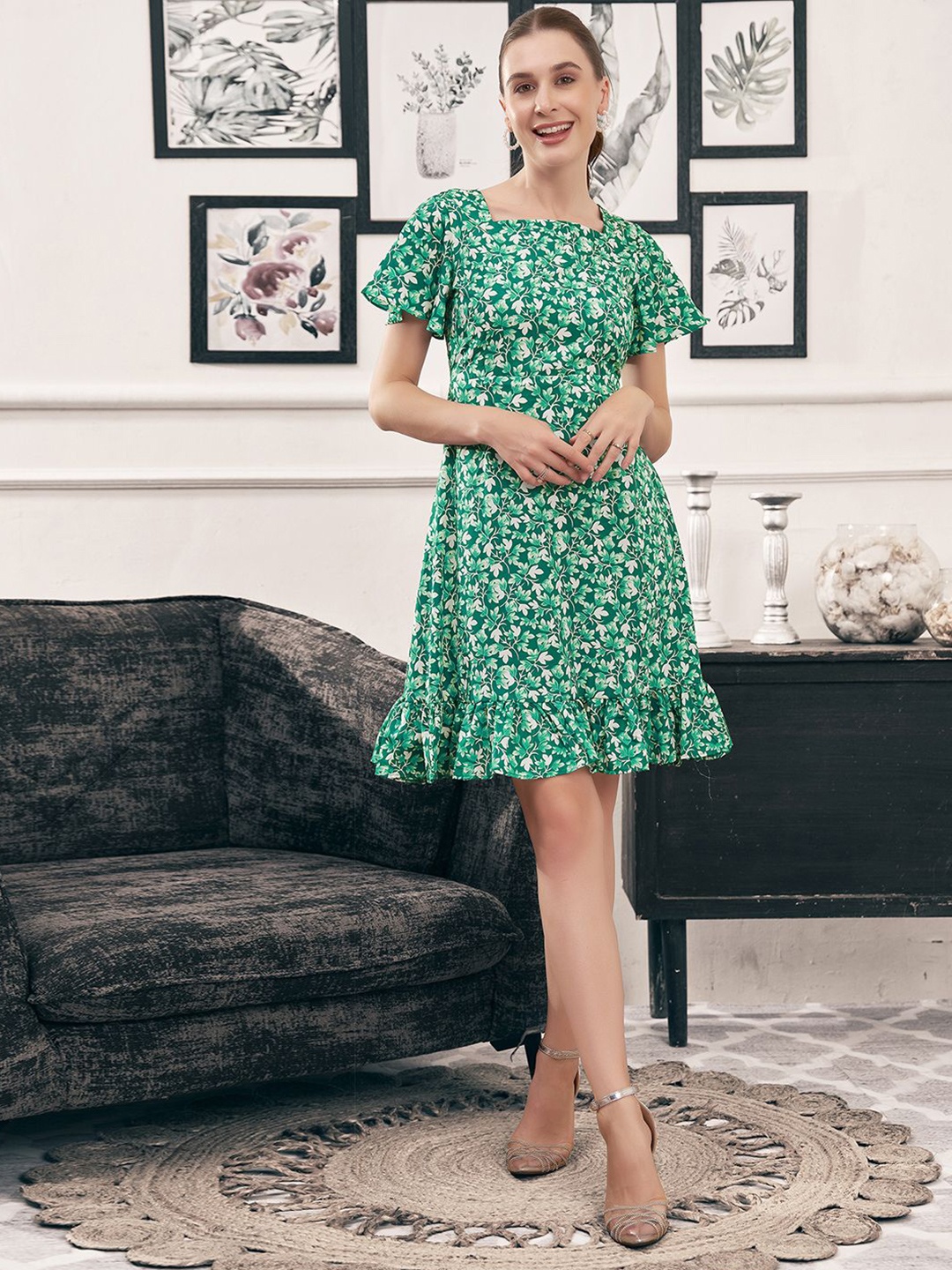 

Moda Rapido Floral Print Flared Sleeve Fit & Flare Dress, Green
