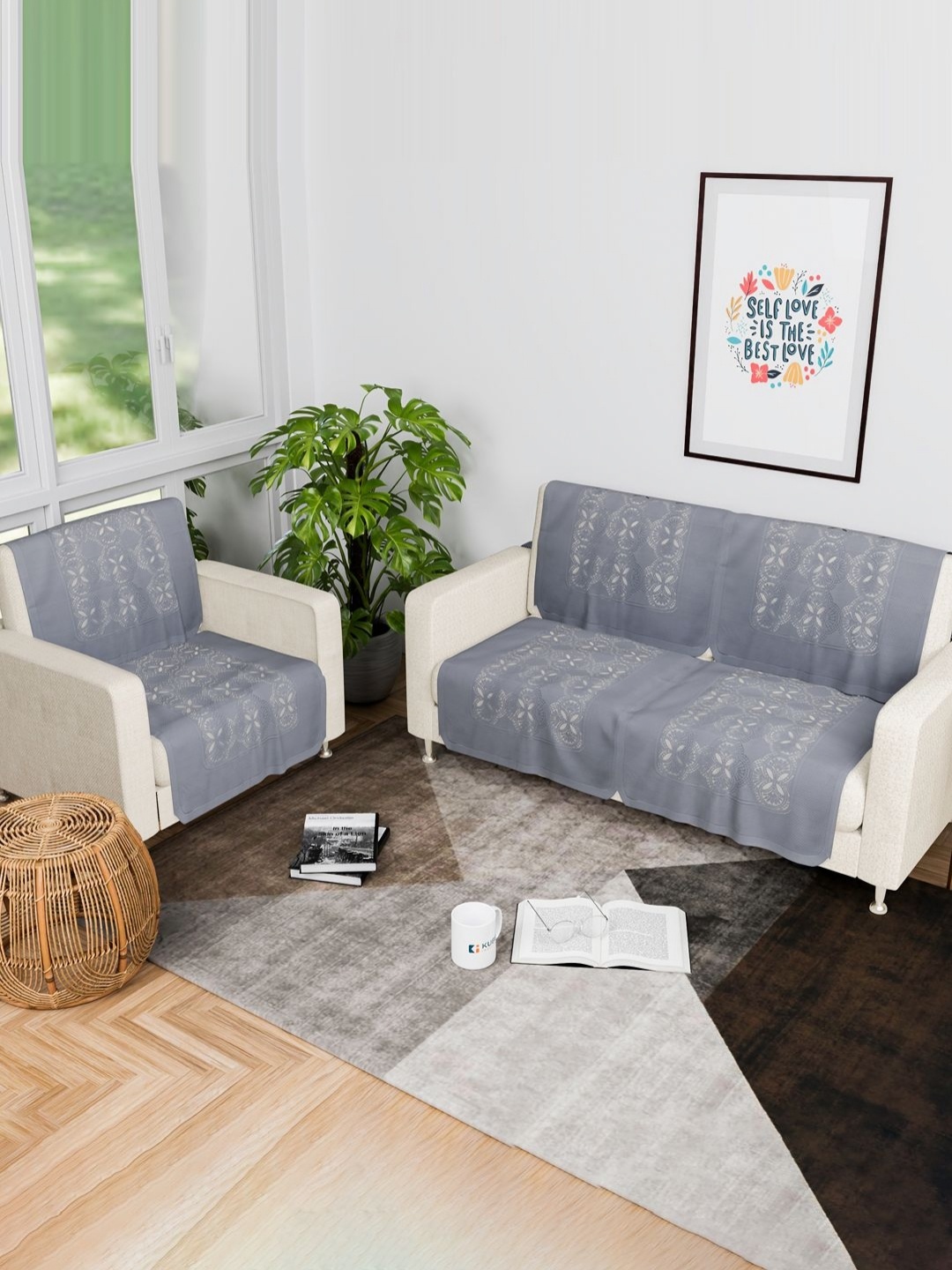 

Aura Grey & Off White 6 Pieces Self Design Cotton 3 Seater Sofa Cover