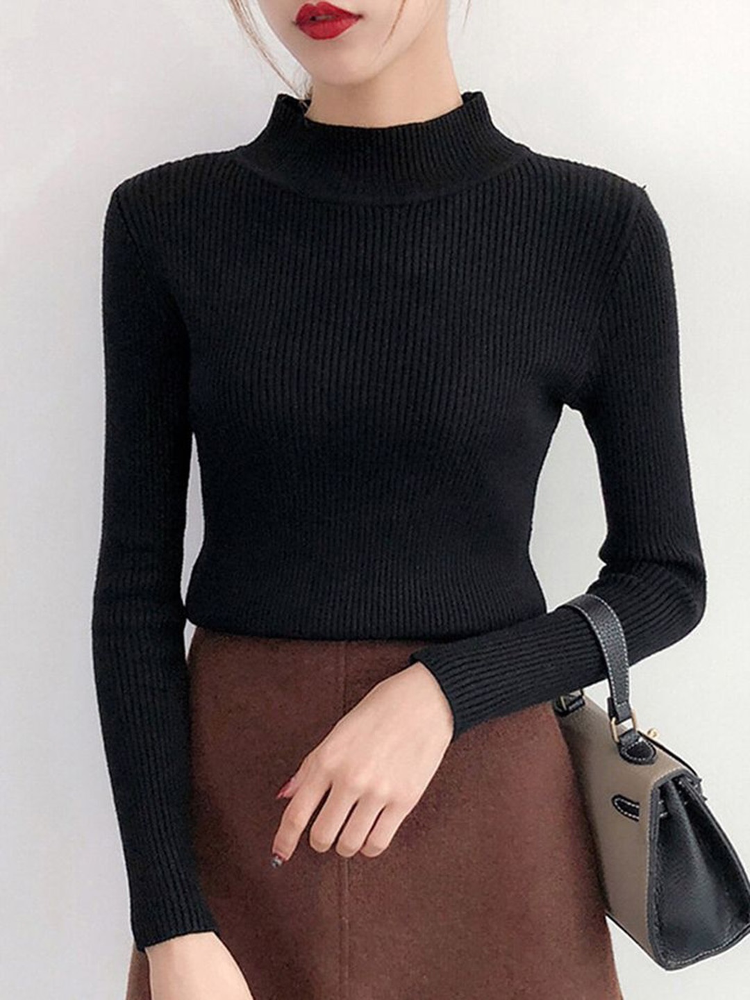 

PANKH High Neck Ribbed Knitted Top, Black