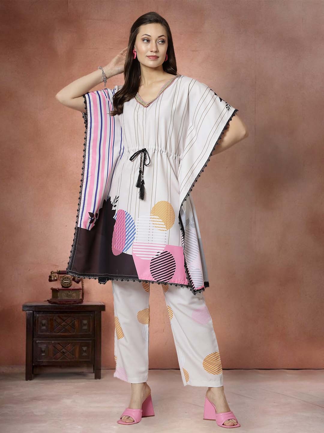 

all about you Printed Kaftan With Trousers Co-Ords, Off white