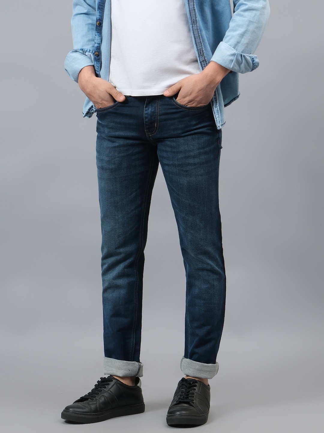 

Cantabil Men Narrow Low Distress Light Fade Jeans, Blue
