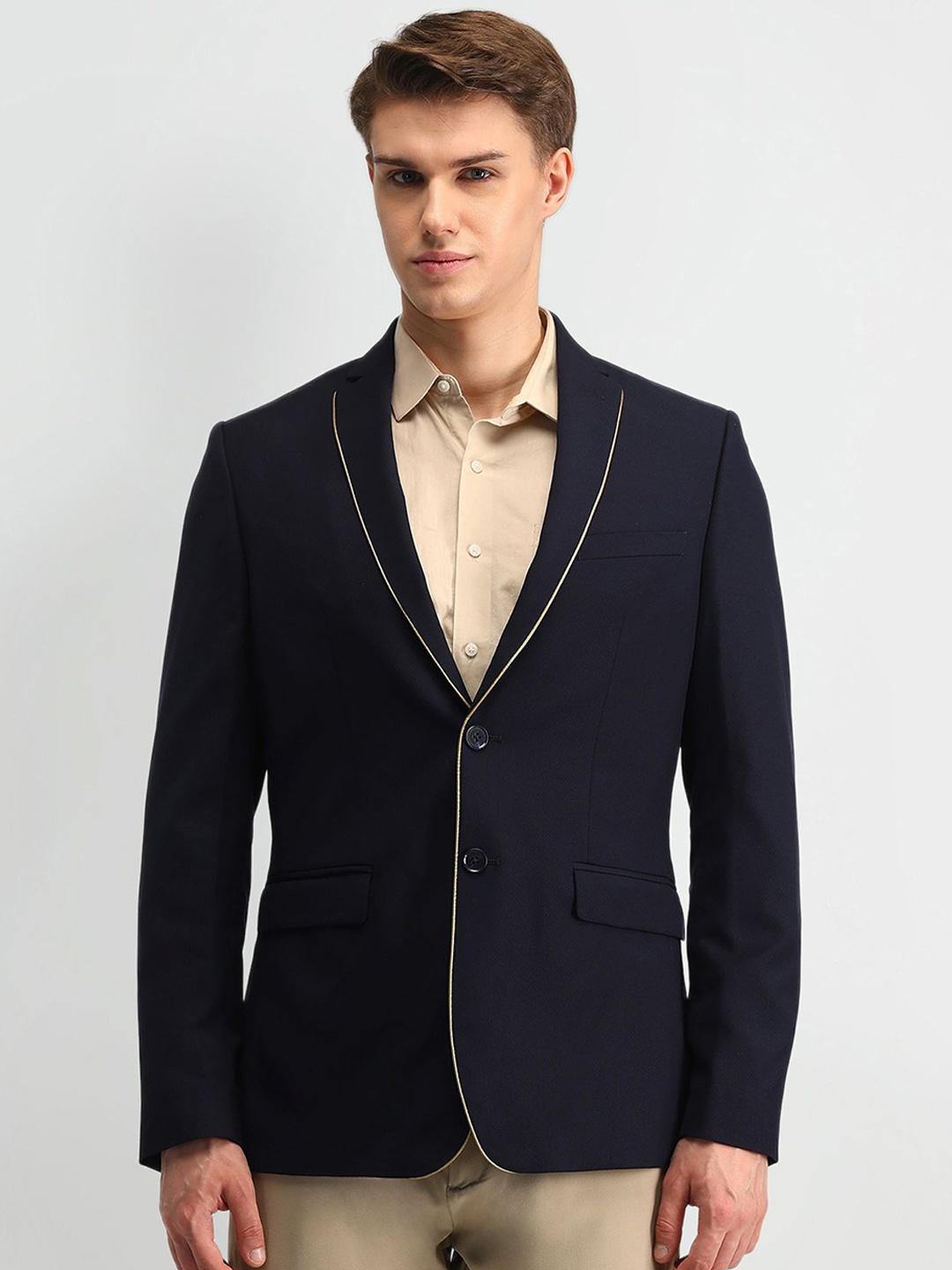 

Arrow Notched Lapel Single Breasted Slim-Fit Dobby Blazer, Navy blue