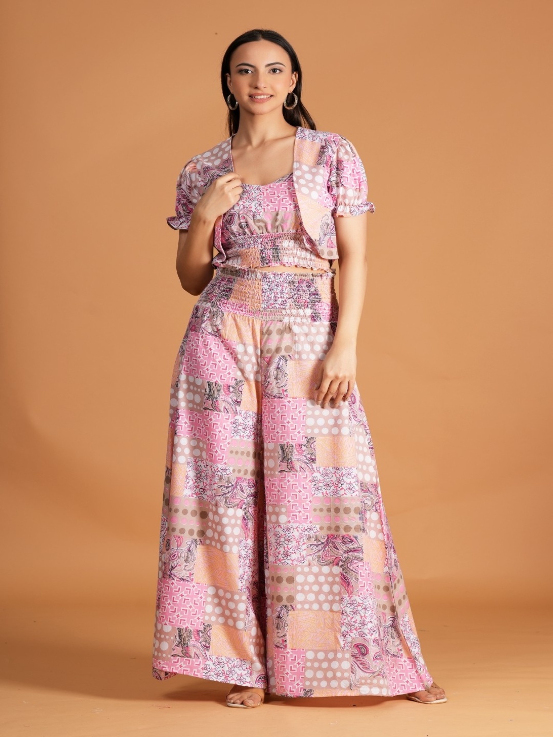 

BAESD Floral Printed Square Neck Pure Silk Top & Palazzo With Jacket, Pink
