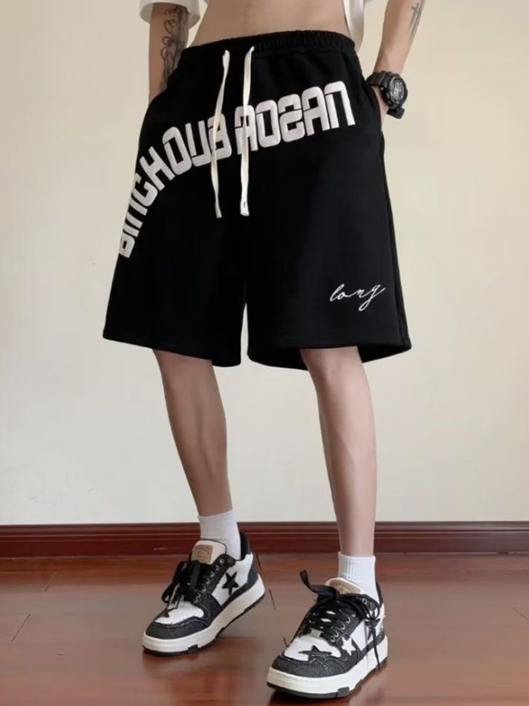 

HERE&NOW Men Typography Loose Fit Sports Shorts, Black
