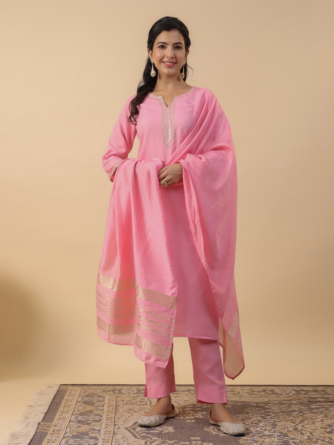 

KALINI Women Regular Gotta Patti Pure Cotton Kurta with Trousers & With Dupatta, Pink