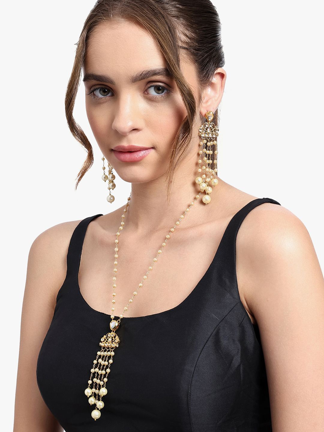 

AARSEE OFFICIAL Gold-Plated Kundan Studded and Pearls Contemporary Shaped Studs