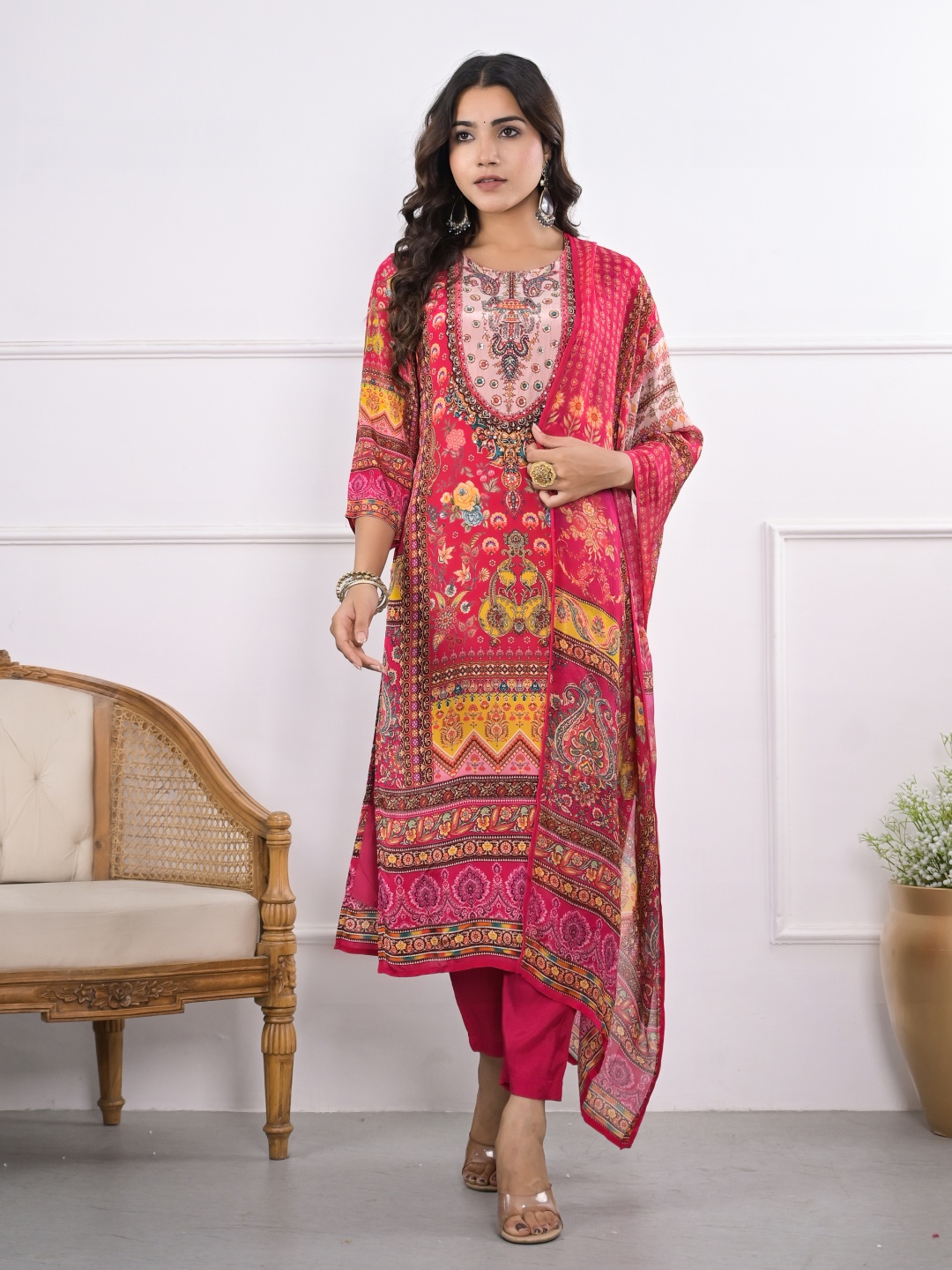 

Sindh Fashion Women Ethnic Motifs Printed Regular Kurta with Trousers & With Dupatta, Pink