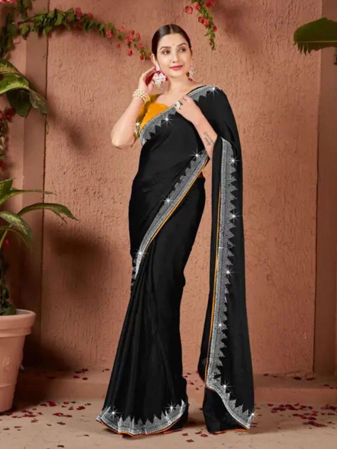 

Zeekha Sequinned Pure Georgette Heavy Work Kanjeevaram Saree, Black