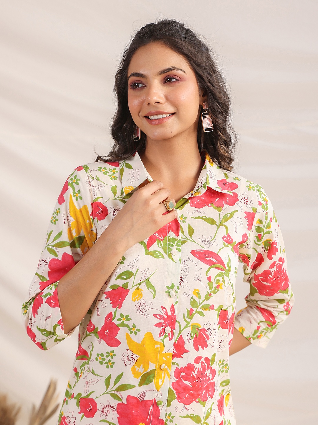 

KALINI Floral Printed Shirt Collar Pure Cotton Shirt & Trousers, Off white