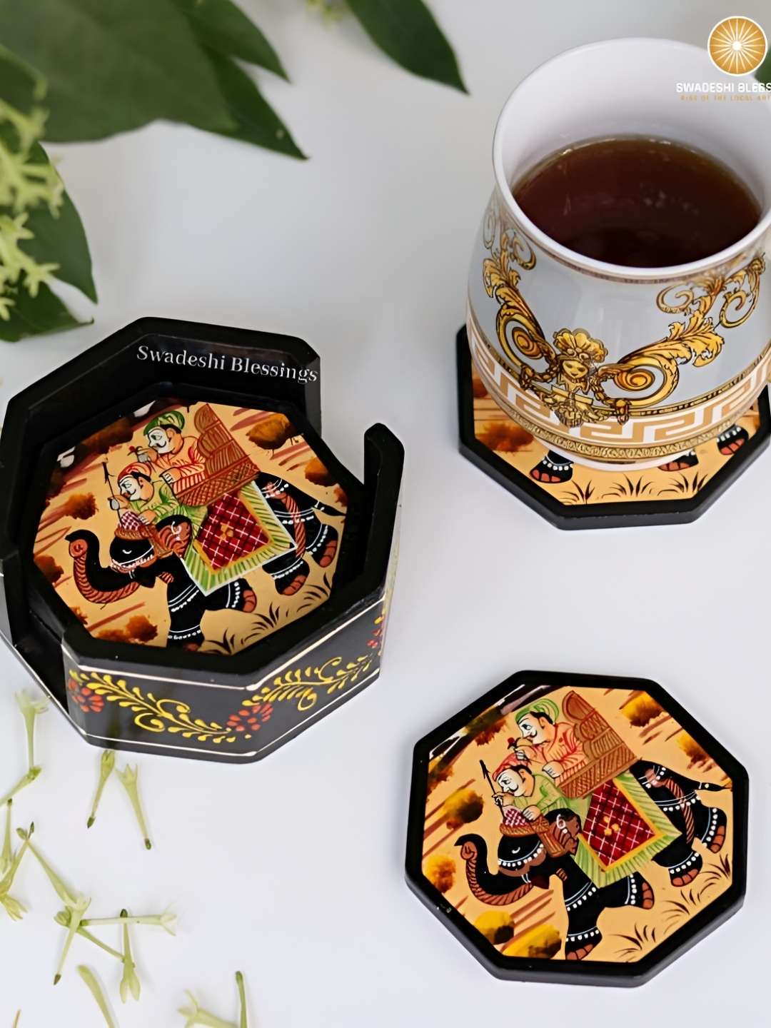 

Swadeshi Blessings Black & Beige 6 Pieces Wooden Octagonal Tea Coasters - 12 cm