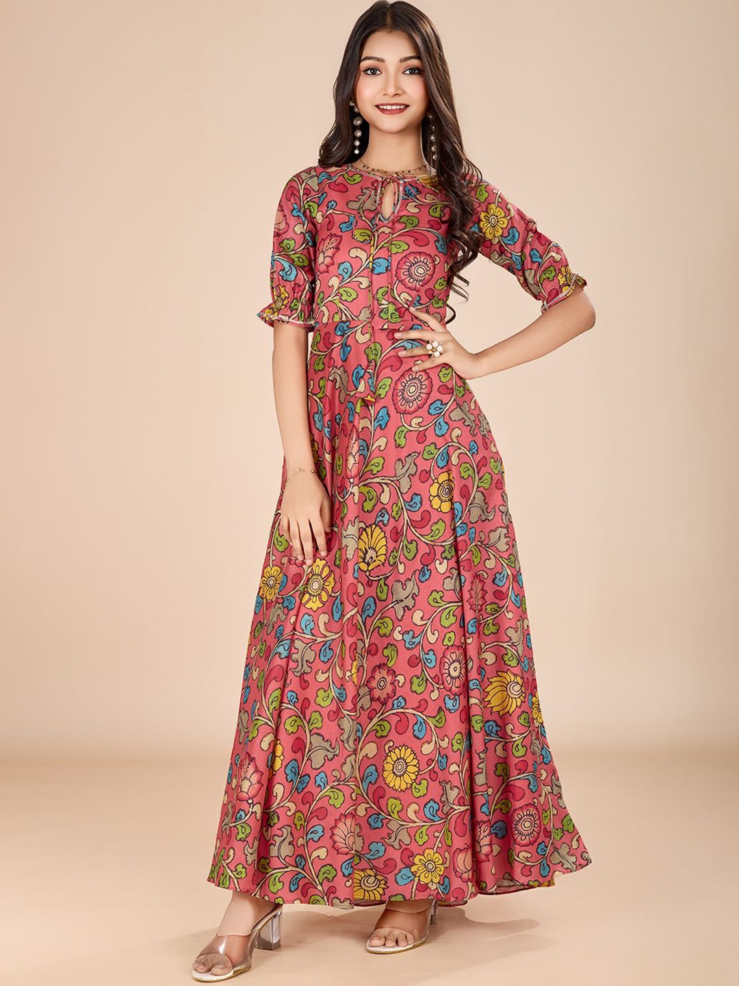 

Tasarika Girls Floral Printed A-Line Ethnic Dress, Pink