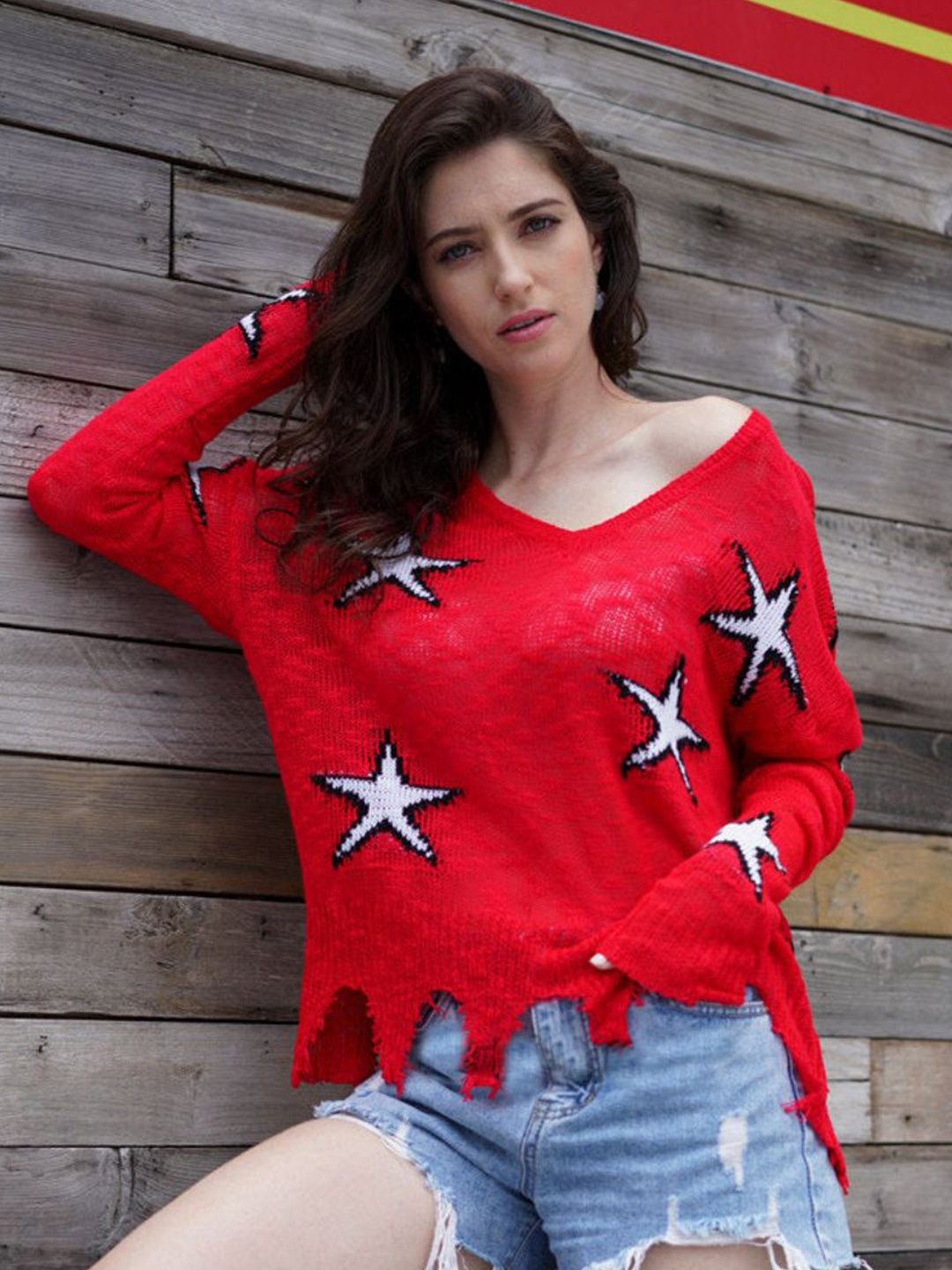 

Oh Rare Women Printed Crop Pullover, Red