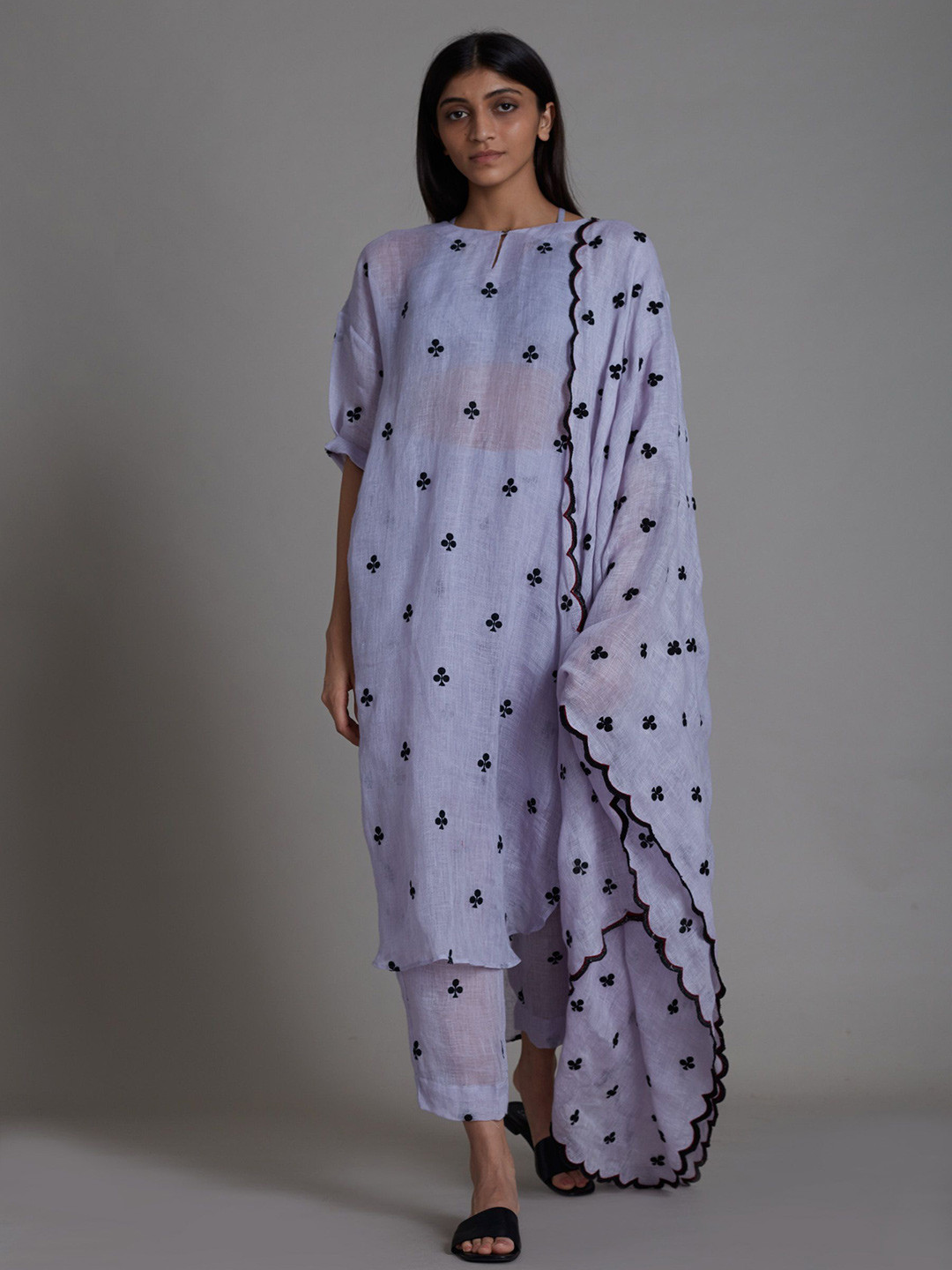 

MATI Women Printed Regular Linen Kurta with Trousers & With Dupatta, Lavender