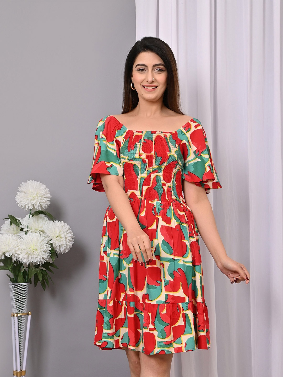 

IQRAAR Print Flared Sleeve Fit & Flare Dress, Multi