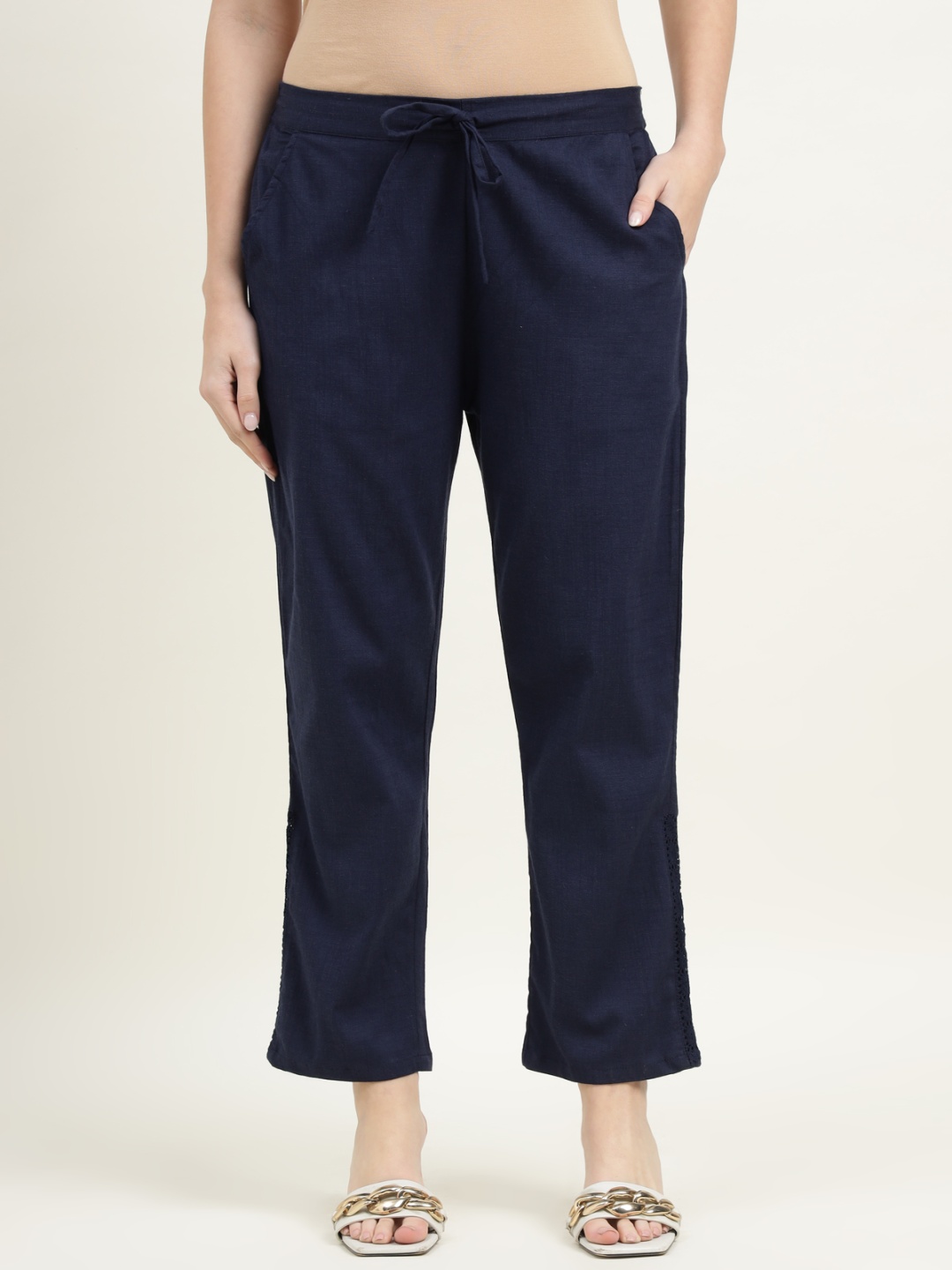 

ZARI Women Cotton Mid Rise Trousers, Navy blue