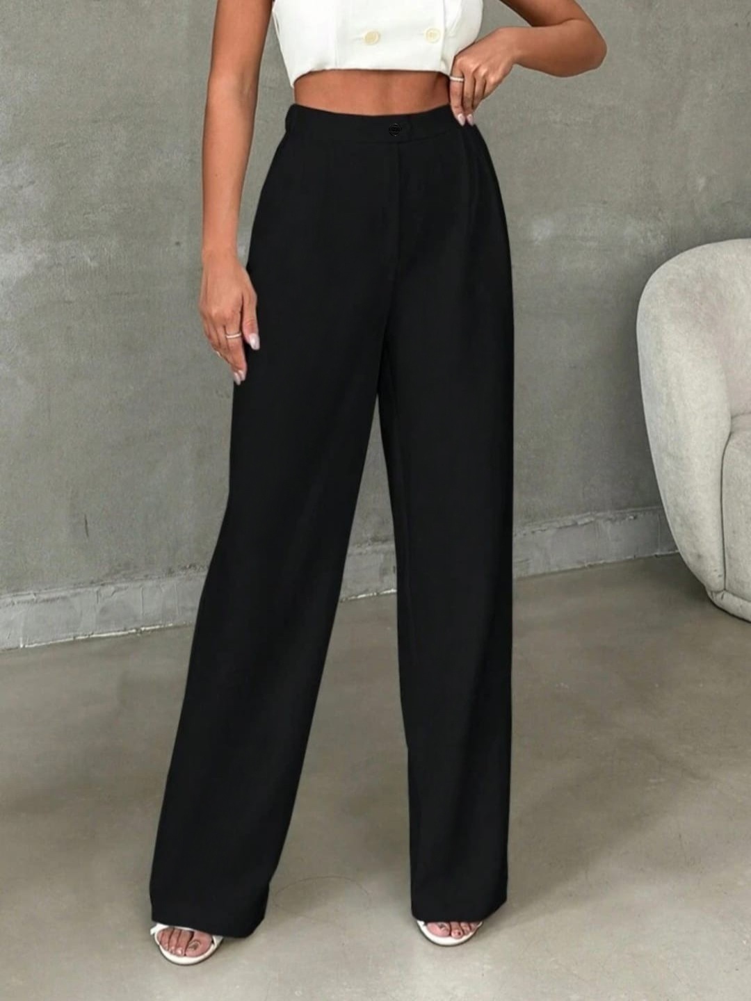 

KALINI Women Relaxed Straight Leg High-Rise Trousers, Black