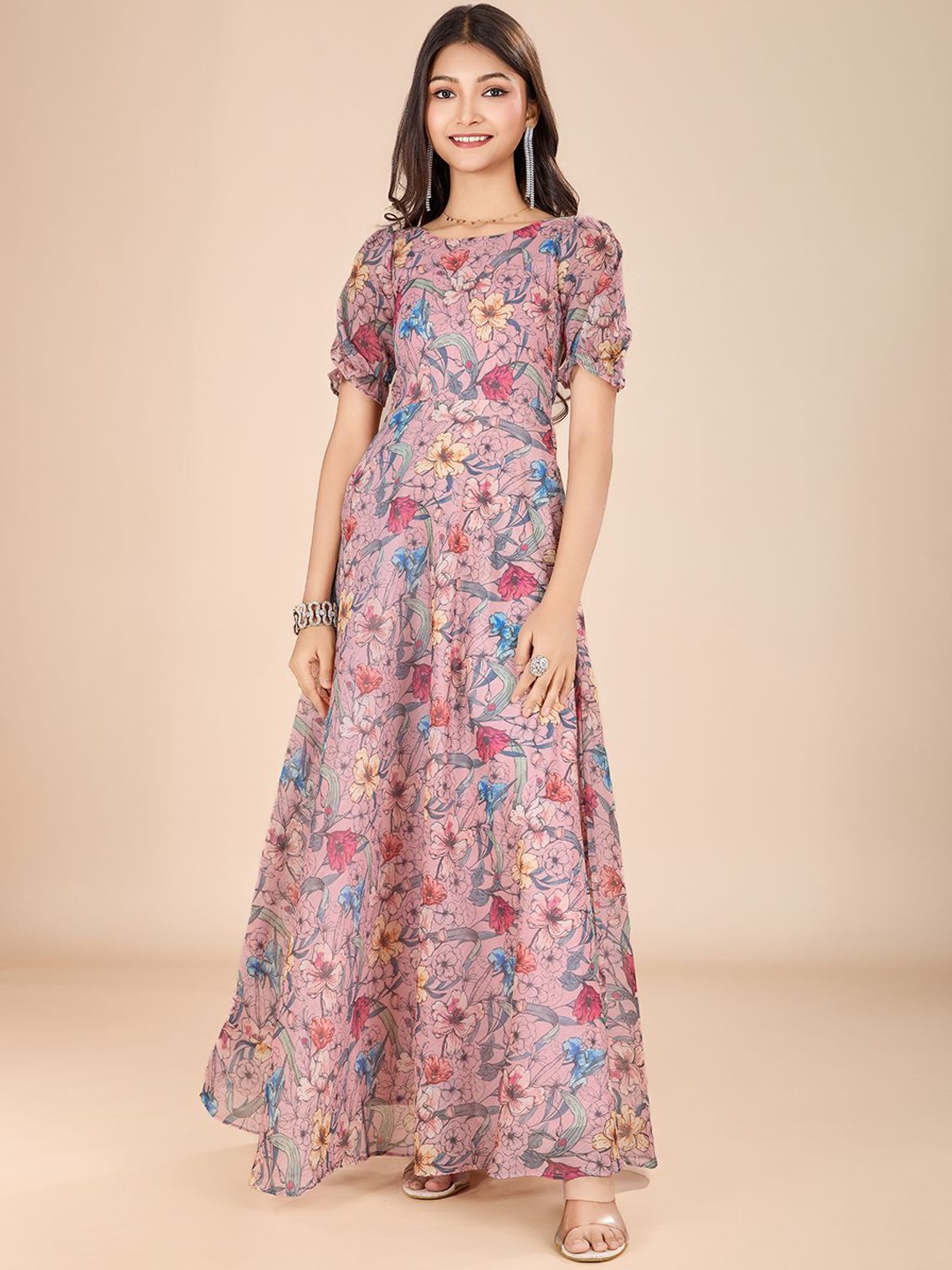 

Tasarika Girls Floral Printed A-Line Ethnic Dress, Pink