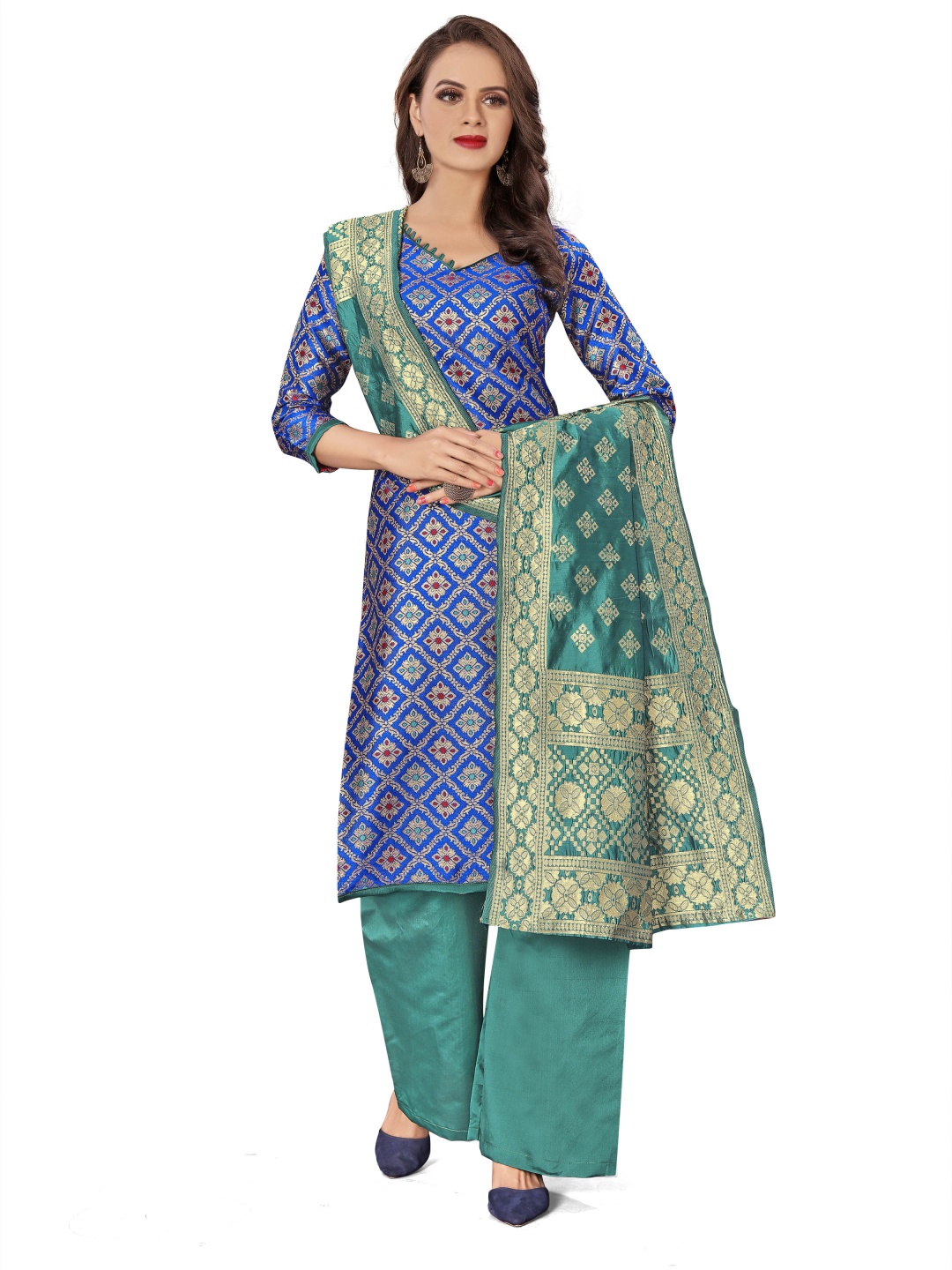 

HERE&NOW Floral Woven Design Banarasi Unstitched Dress Material, Blue