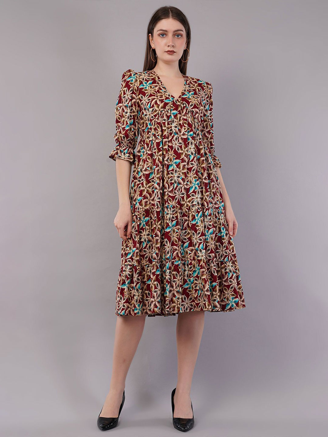 

FLY STITCH Floral Print Puff Sleeve Fit & Flare Midi Dress, Brown