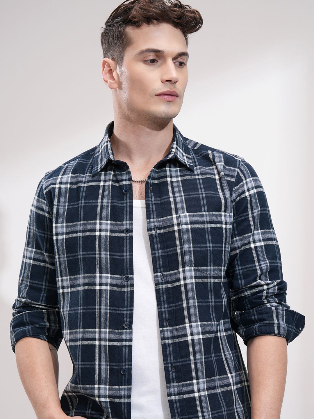

HIGHLANDER Men Opaque Checked Casual Shirt, Blue