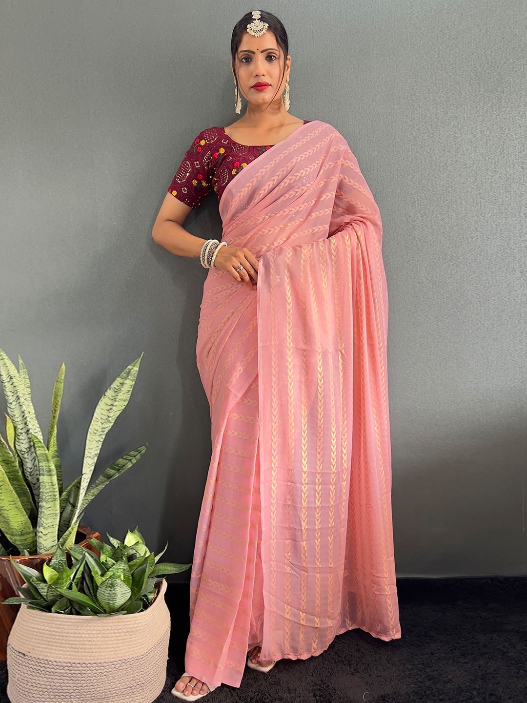 

LeeliPeeri Designer Woven Design Poly Chiffon Ready to Wear Saree, Peach