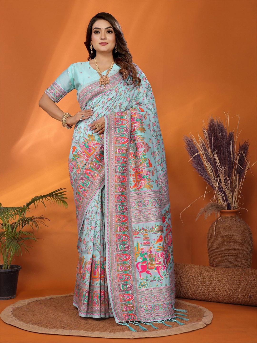 

Mitera Pashmina Silk Weaving Saree With Unstitched Blouse Piece, Blue