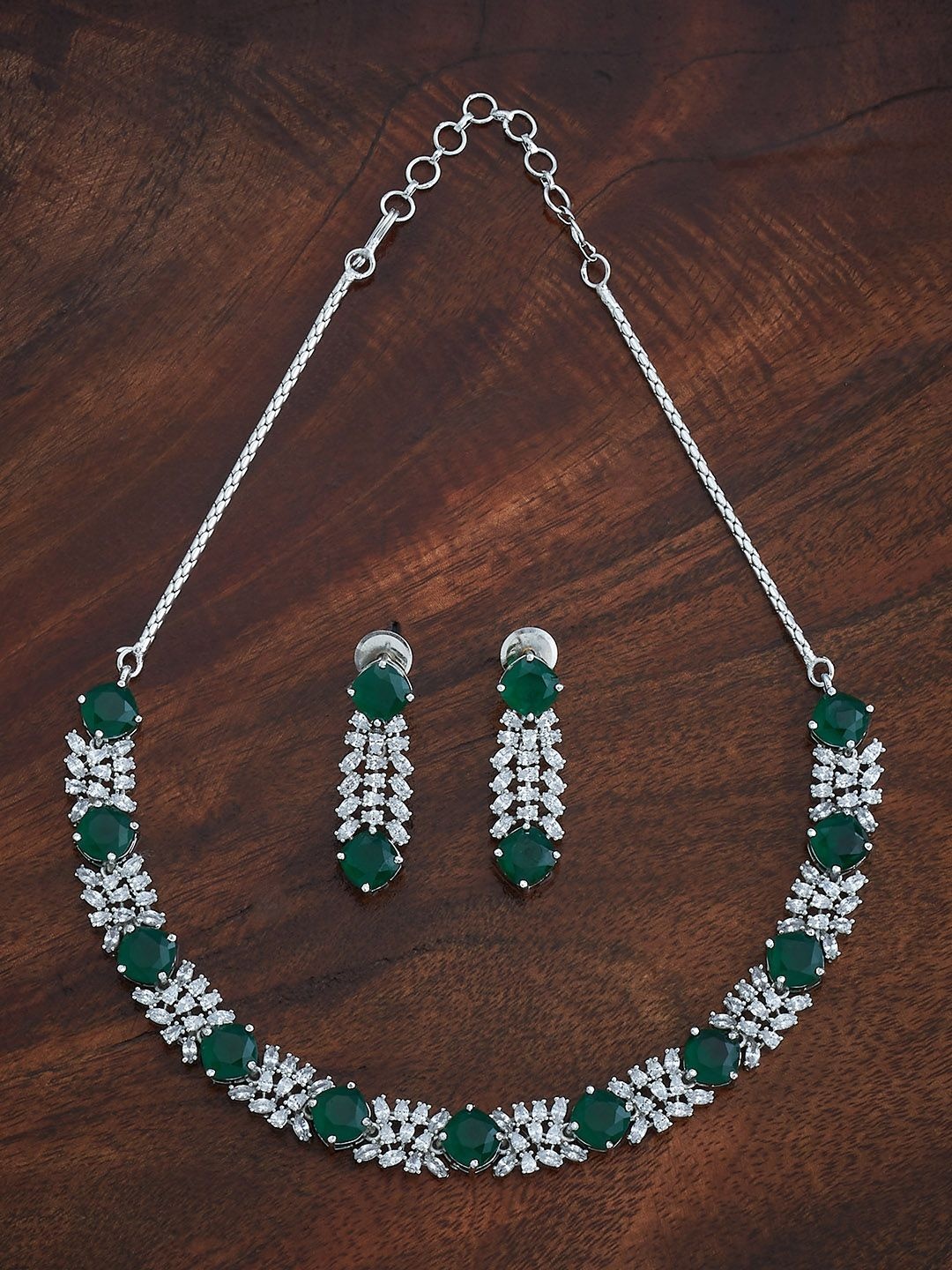 

Kushal's Fashion Jewellery Green Rhodium-Plated Party Zircon Jewellery Set, Silver