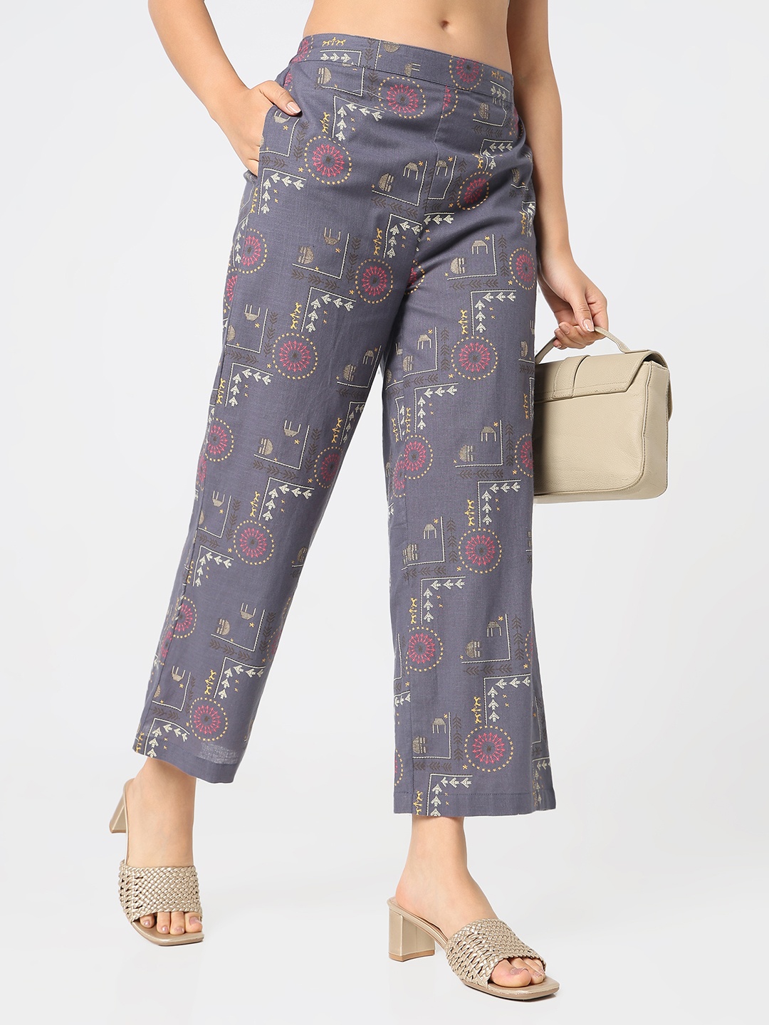 

R&B Women Floral Printed Straight Fit Trousers, Grey