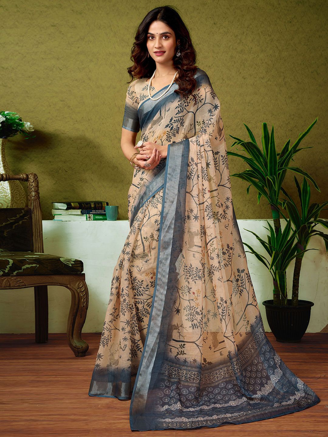 

all about you Floral Zari Pure Linen Ready to Wear Tussar Saree, Cream