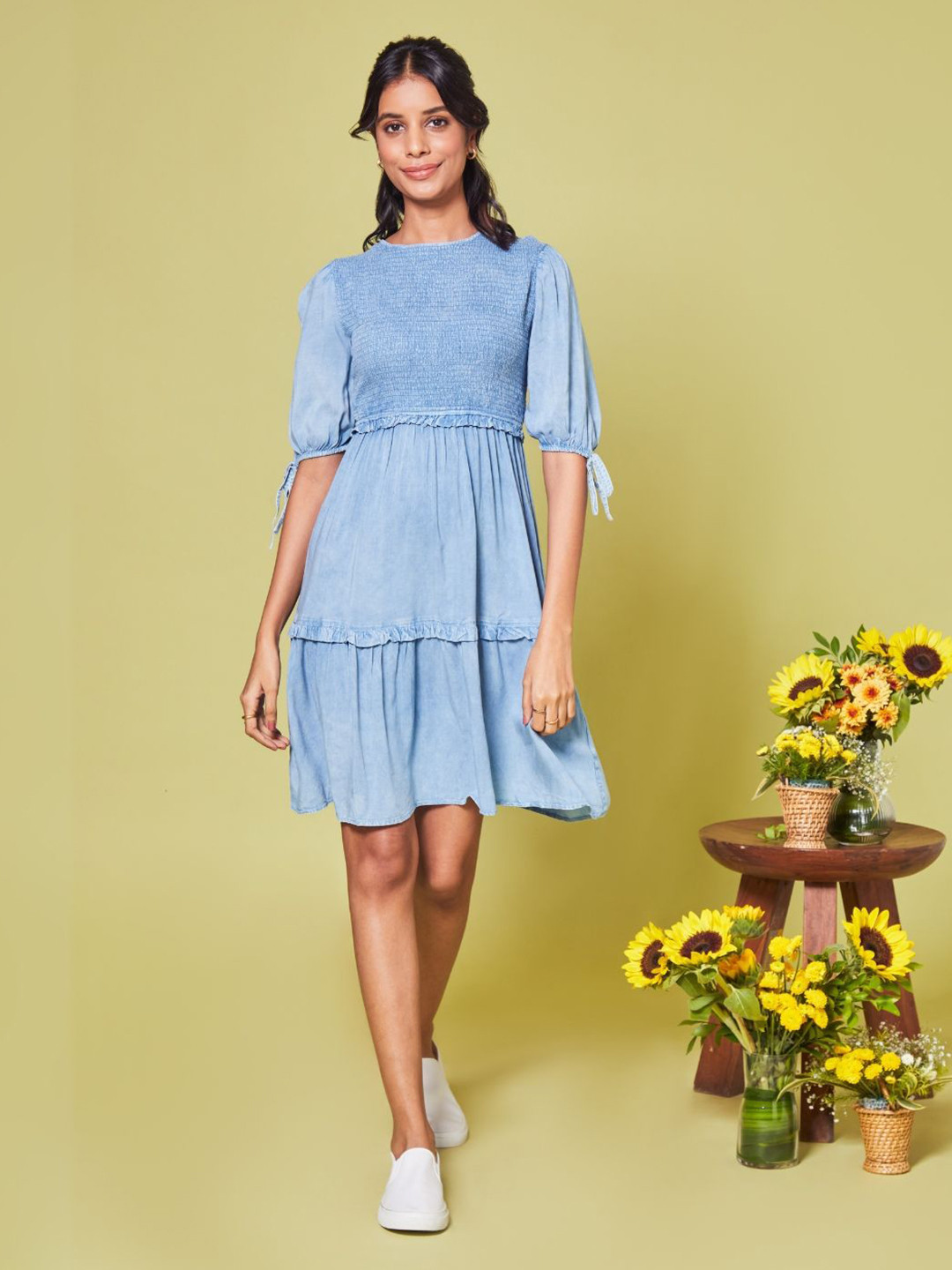 

Prose Stories Puff Sleeve Denim Fit & Flare Dress, Blue