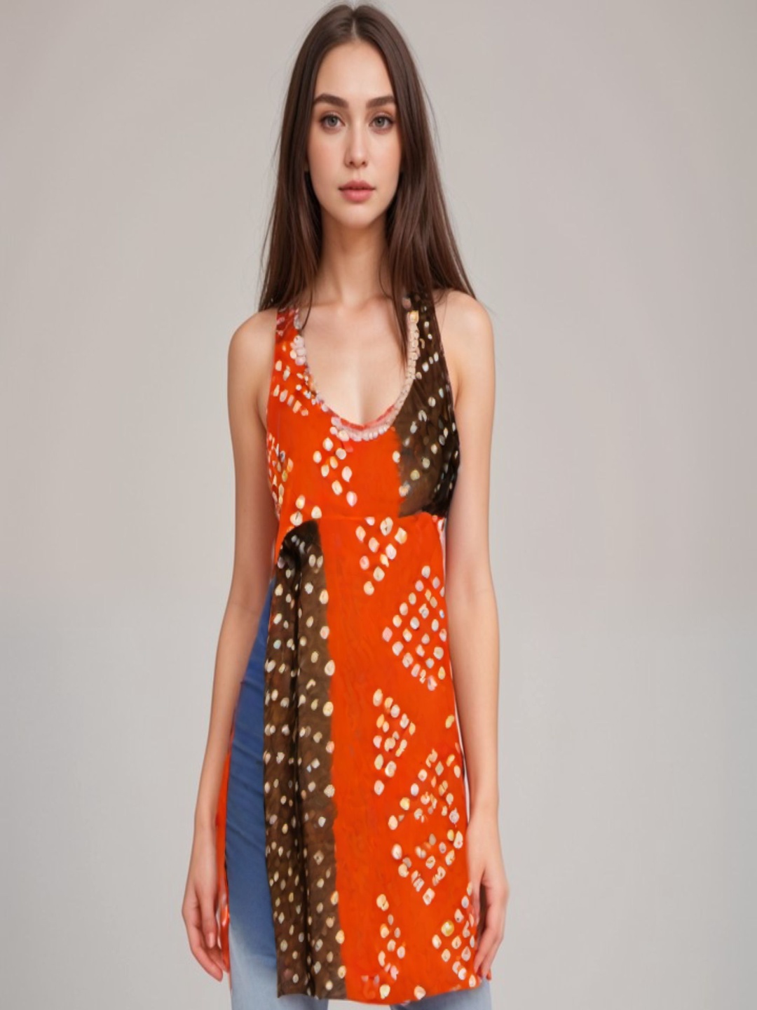 

The BANJARA TRAIL Bandhani Printed Halter Neck Hight Slit Straight Kurta, Orange