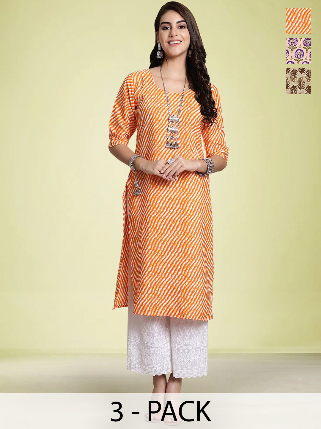 

Moda Rapido Selection Of 3 Floral Printed Round Neck Straight Kurtas, Peach