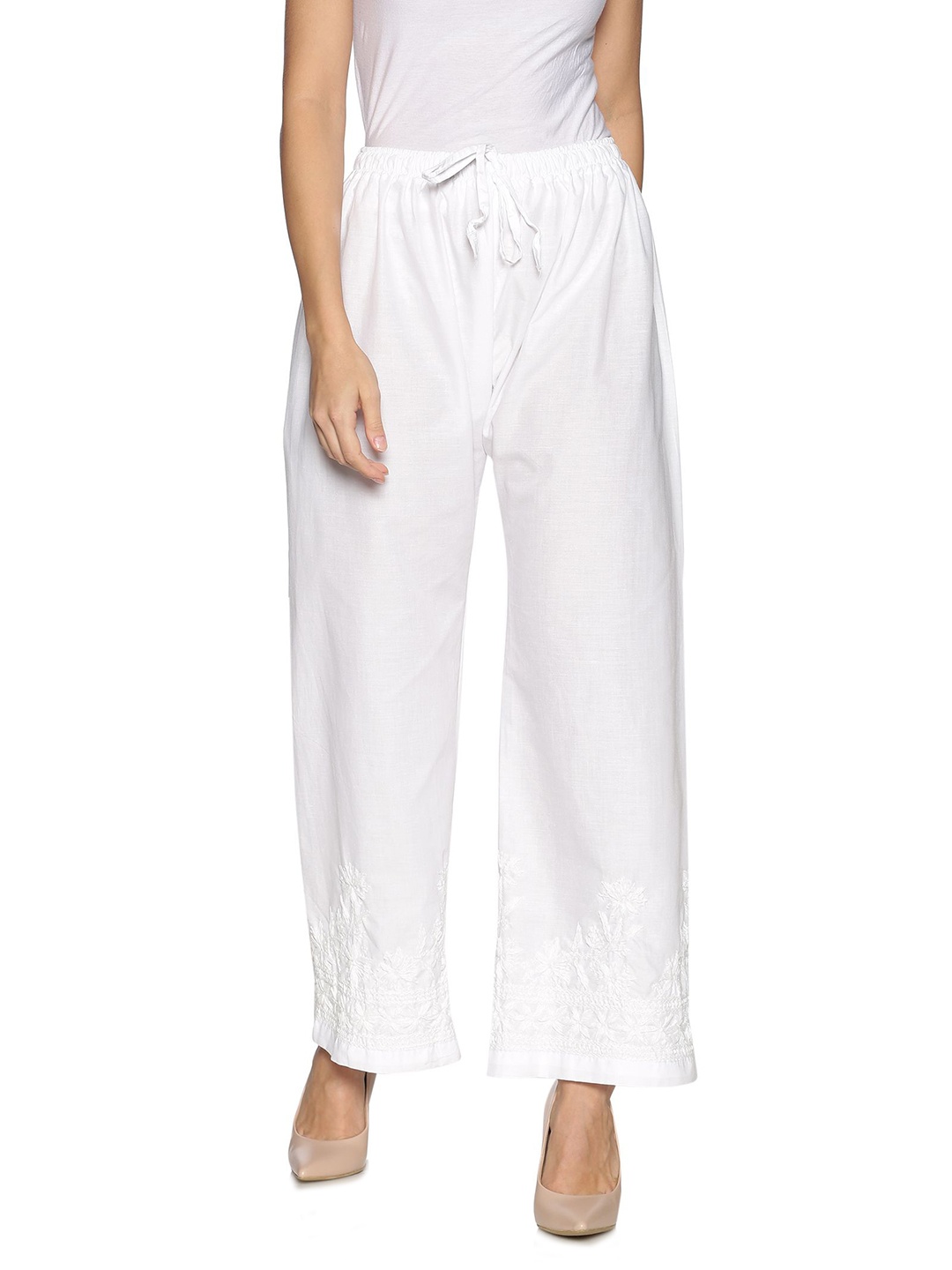 

Fashionable Chikan Handikraft Women Embroidered Knitted Palazzos, White