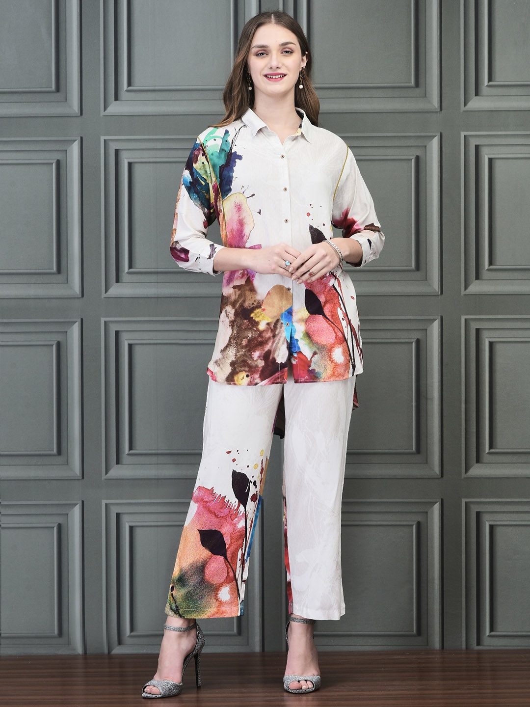 

Shree Floral Printed Shirt Collar Shirt With Trouser, Off white