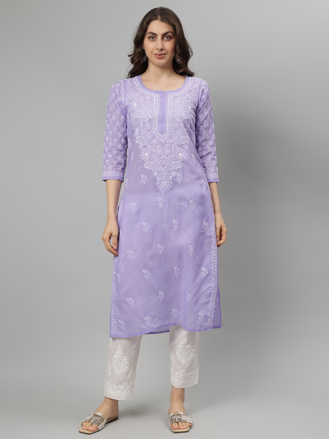 

Seva Chikan Floral Embroidered Notch Neck Lucknowi Chikankari Straight Kurta, Purple