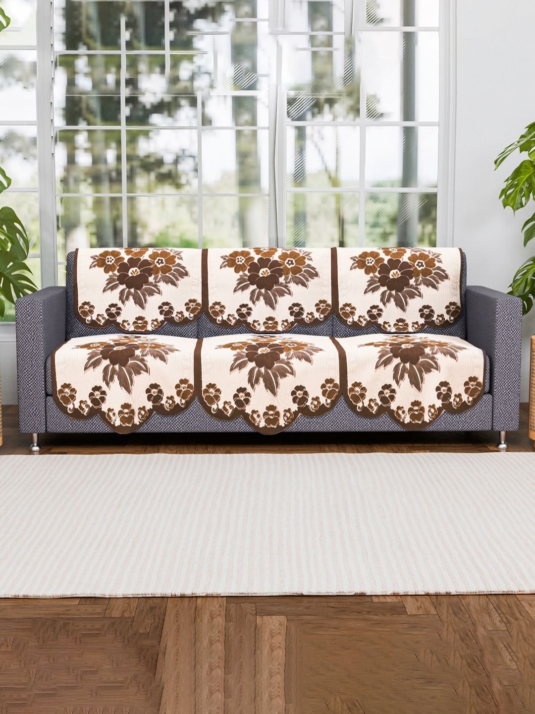

Aura Cream-Coloured & Brown 6 Pieces Self Design Cotton 3 Seater Sofa Cover
