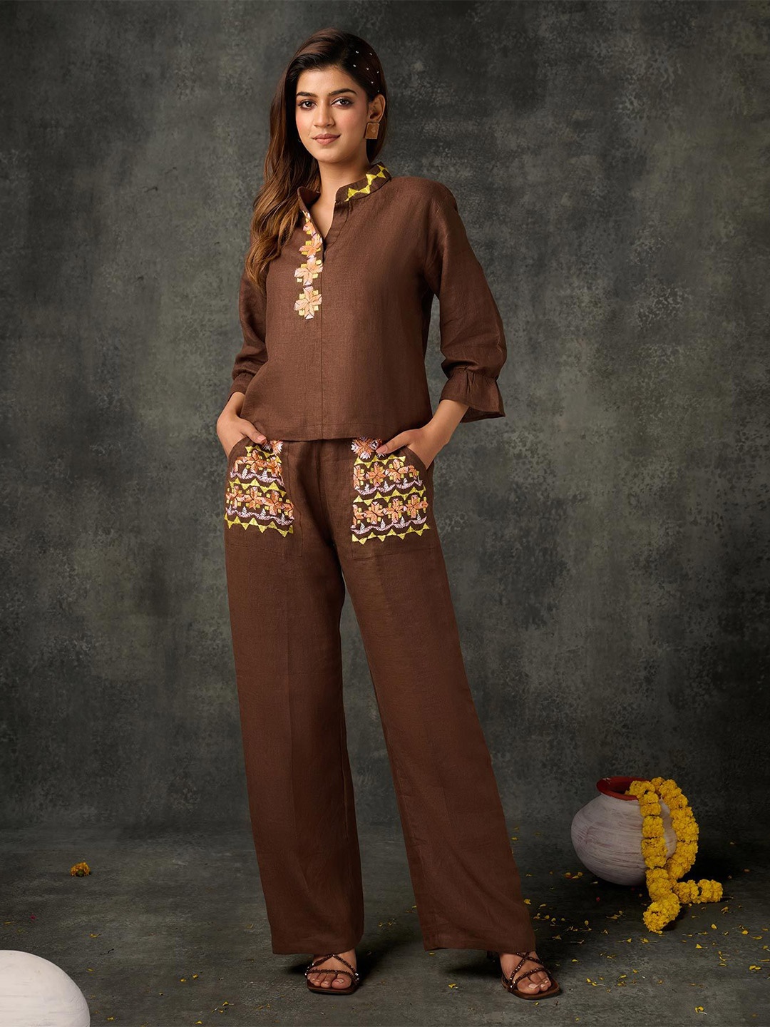 

Phulkari Forever Mandarin Collar Linen Top, Brown