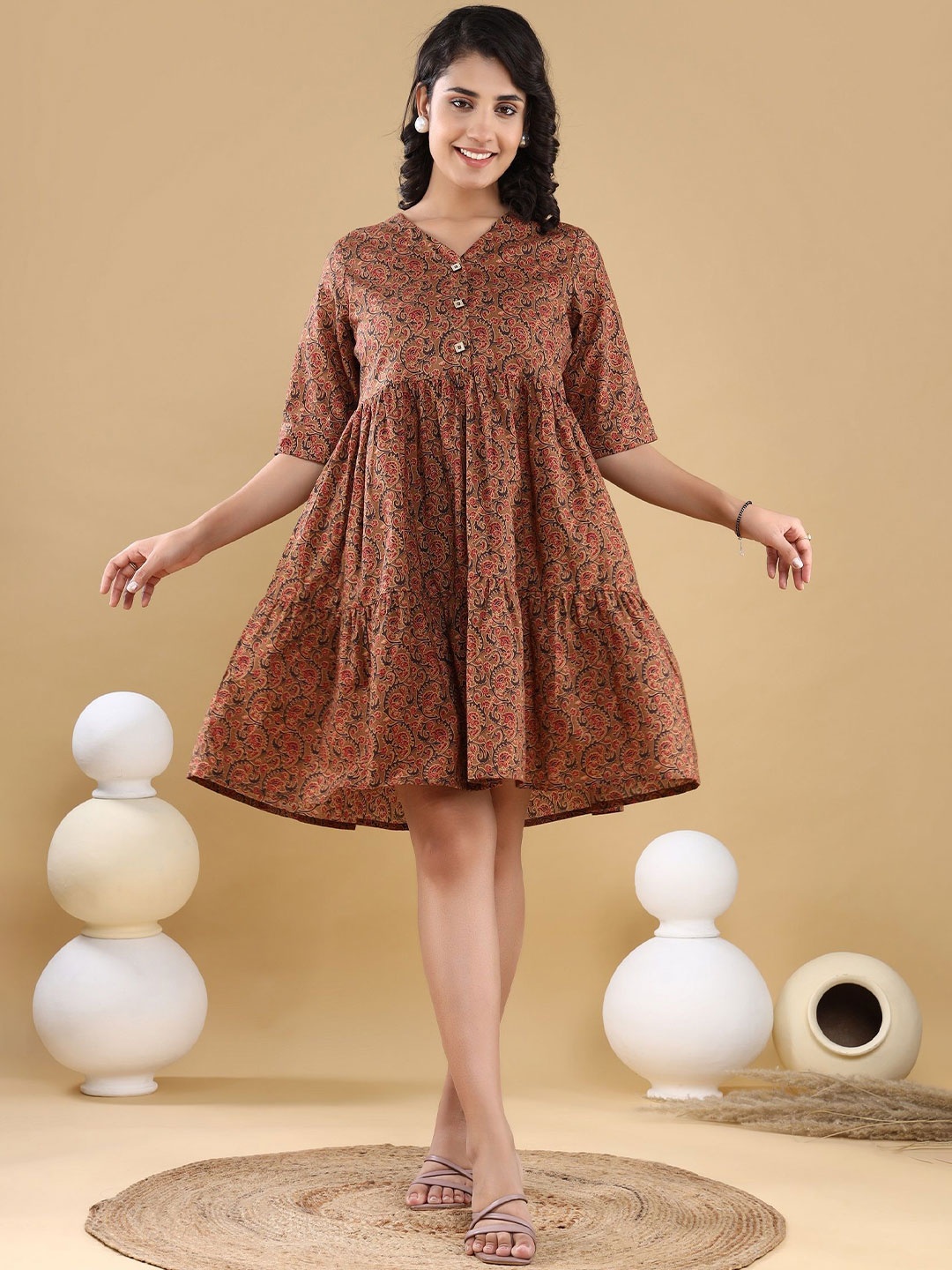 

Chandbaali Floral Print Fit & Flare Dress, Khaki